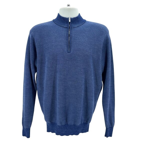 Peter Millar Mens Large Sweater Merino Wool 1/4 Zip Blue Mock Neck Knit - Picture 1 of 6